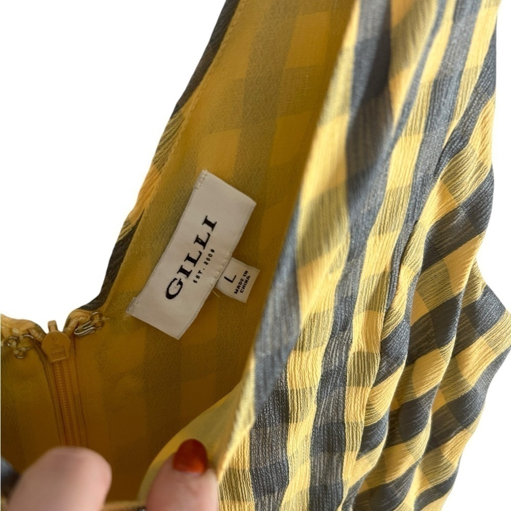 Gilli Yellow & Grey Plaid Knot Shoulder Ruffle Hem Jumper Dress Womens Sz Large - Picture 4 of 10